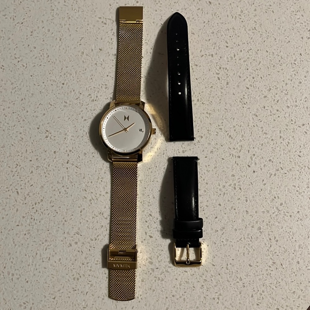 MVMT Signature Gold black leather band stainless steel Womens Wrist Watch